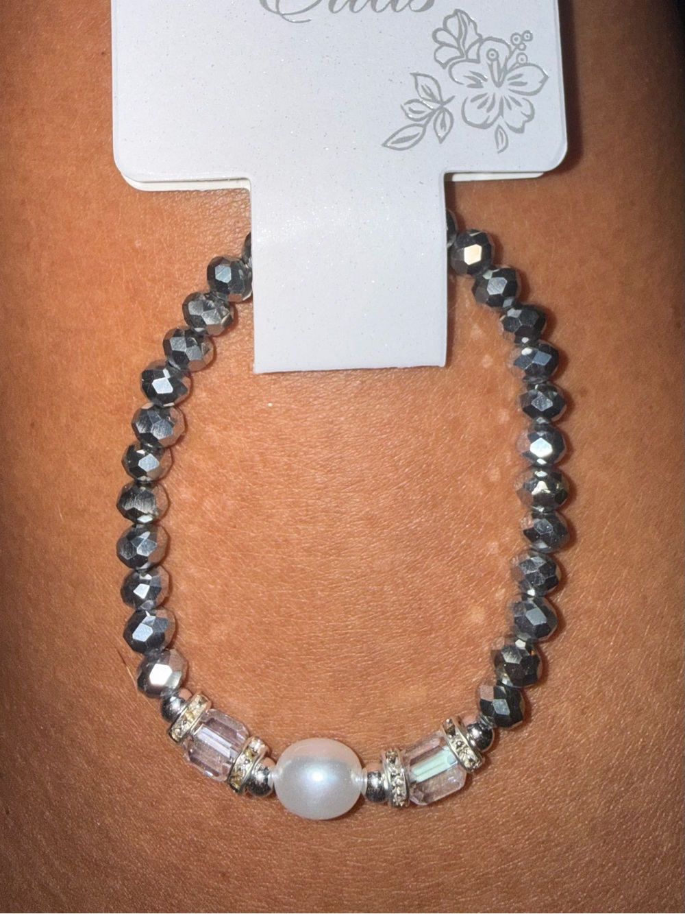 Ella Silver Hematite Beaded Stretch Bracelet with Pearl and Crystal Accents